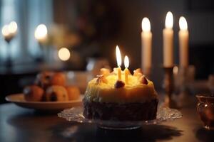 bolo com velas dentro borrado jantar quarto fundo ai gerado foto