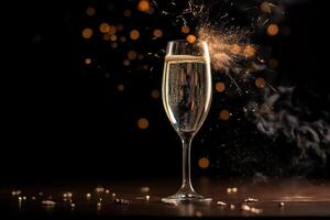 Novo anos celebração 1 champanhe vidro fogos de artifício dentro a fundo. ai gerado foto