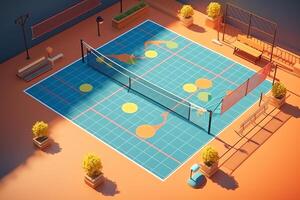 iluminado pelo sol quadra com pickleball equipamento e bandeira apresentando topo Visão 3d renderizar. ai gerado foto