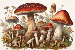 vários cogumelos retratado através botânico ilustração em uma branco fundo. ai gerado foto