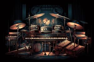 ilustração do abstrato musical instrumentos dentro uma Sombrio etapa com iluminado fundo. ai gerado foto