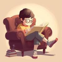 uma fofa jovem Garoto ler uma livro em a sofá generativo ai foto
