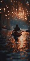 uma homem sentado dentro uma canoa dentro a rio brilhar imagem generativo ai foto