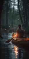 imagem do uma homem sentado dentro uma canoa dentro a rio generativo ai foto