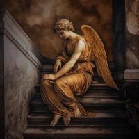 retrato do anjo senta em a escadas dentro Itália fresco generativo ai foto