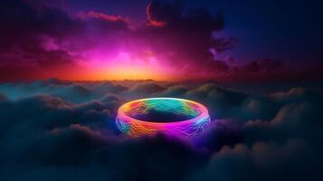 colorida arco Iris brilhando anel sobre colorida nuvens generativo ai foto