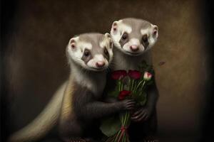 ilustração do dois furões dentro amor abraçando cada outro, com flores, dia dos namorados dia ai gerado foto
