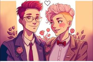 lgbtqplus desenho animado casal é abraçando, com ramalhete do flores, ilustração ai gerado foto