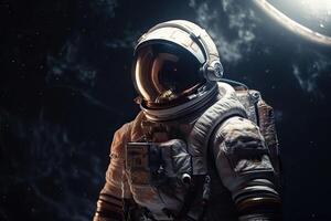 a astronauta dentro uma traje espacial moscas dentro exterior espaço perto a órbita do a planeta terra, generativo ai. foto