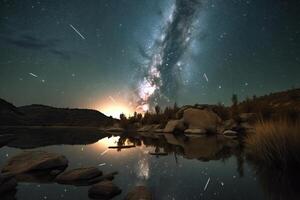 meteoro chuveiro dentro a céu, observação do a meteoro chuveiro dentro espaço a partir de a chão, generativo ai. foto