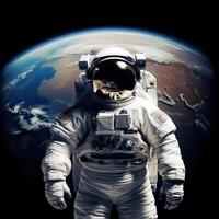 órbita do a planeta terra, a astronauta dentro uma traje espacial vôo dentro espaço em a fundo do a terra, generativo ai. foto