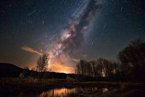 meteoro chuveiro dentro a céu, observação do a meteoro chuveiro dentro espaço a partir de a chão, generativo ai. foto