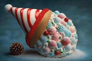 Natal cremoso doce cone, Natal gelo creme com papai noel chapéu, generativo ai. foto