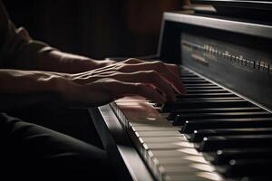 músico mãos em piano teclado. clássico música instrumento. generativo ai foto