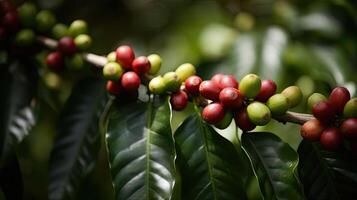 café árvore com vermelho café feijões em café plantação. generativo ai foto