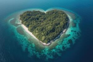 aéreo Visão do coração forma ilha dentro mar. generativo ai foto