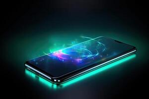 Móvel telefone em abstrato futurista néon colori fundo. generativo ai foto