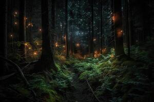 fantasia mágico floresta com brilhando luzes. generativo ai foto