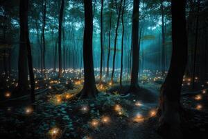 fantasia mágico floresta com brilhando luzes. generativo ai foto