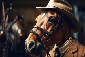 baía lindo cavalo dentro uma chapéu, terno e gravata, cavalheiro e chefe. ai gerado. foto