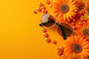 oculos de sol e flor em uma amarelo fundo. generativo ai. foto