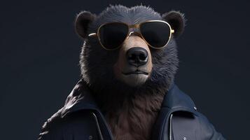 Urso vestindo Preto Jaqueta e oculos de sol, digital arte ilustração, generativo ai foto