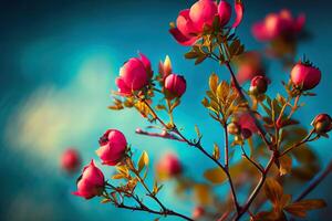 atraente lindo Primavera fronteira, florescendo rosa arbusto em uma azul fundo. generativo ai foto