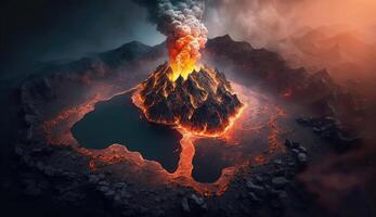 aéreo Visão do vulcão erupção com lava fluindo em Rocha montanha fundo, magma aparecer em chão, desastre situação, lava derramar a partir de a cratera com generativo ai. foto