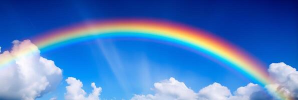 arco Iris em azul céu fundo, lindo arco Iris nublado céu depois de chuva. generativo ai foto