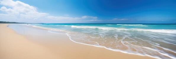 panorama tropical mar e arenoso de praia com azul céu bandeira. generativo ai foto