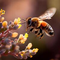 querida abelha mosca dentro a jardim com flor e néctar ai generativo foto