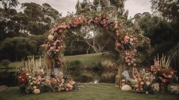 generativo ai, Casamento cerimônia boho rústico estilo arco com flores e plantas, flor buquês. foto