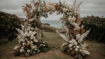 generativo ai, Casamento cerimônia boho rústico estilo arco com flores e plantas, flor buquês. foto