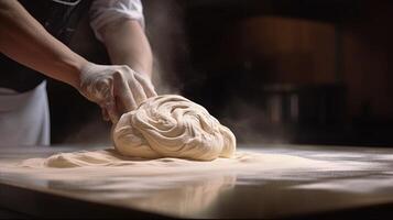 generativo ai, mãos do padeiro dentro restaurante ou casa cozinha, prepara ecologicamente natural pastelaria foto