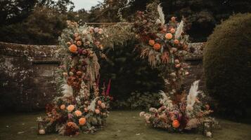 generativo ai, Casamento cerimônia boho rústico estilo arco com flores e plantas, flor buquês. foto