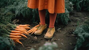 generativo ai, cenouras a partir de a chão, uma Boa colheita do eco produtos. legumes perto em pé mulher ou menina agricultor dentro a jardim, foto
