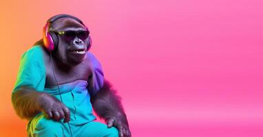 fechar acima retrato do gorila vestindo óculos e fone de ouvido, agradável sorrir expressão, ouvindo para música conceito Felizmente, em colorida cópia de espaço fundo. generativo ai foto