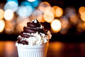 delicioso gelo creme cone com chocolate e açoitado creme em uma de madeira mesa. doce Comida. generativo ai foto