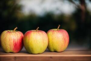 delicioso vermelho maçãs em uma de madeira mesa e Castanho fundo. saudável Comida conceito. generativo ai foto