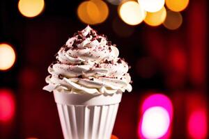 delicioso gelo creme cone com chocolate e açoitado creme em uma de madeira mesa. doce Comida. generativo ai foto