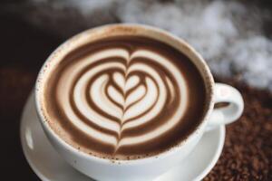 copo do cappuccino com café com leite arte em de madeira fundo. generativo ai foto