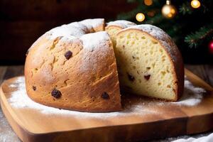 Natal bolo com passas de uva e em pó açúcar. Panettone bolo com passas de uva e gelo açúcar. generativo ai foto