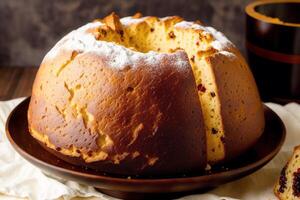 Natal bolo com passas de uva e em pó açúcar. Panettone bolo com passas de uva e gelo açúcar. generativo ai foto