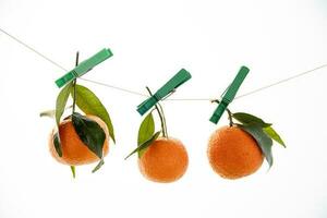 laranja mandarim com uma verde folha suspensão em uma corda em uma branco fundo foto