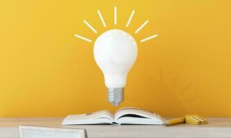 luz lâmpada com brilhando raios, com livro aprendizado, desenho animado estilo, papelaria, símbolo do criatividade, rabiscos conceito, inovação, inspiração, invenção e ideia, 3d Renderização em amarelo fundo foto