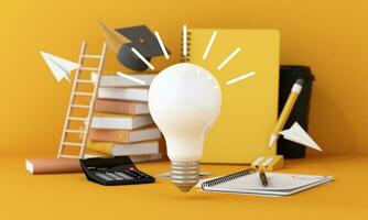 luz lâmpada com brilhando raios, com livro aprendizado, desenho animado estilo, papelaria, símbolo do criatividade, rabiscos conceito, inovação, inspiração, invenção e ideia, 3d Renderização em amarelo fundo foto
