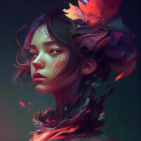 3d ilustração do uma lindo jovem mulher com outono folhas dentro dela cabelo, ai generativo imagem foto