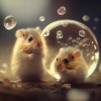 hamsters dentro uma bolha com Sabonete bolhas. 3d Renderização., ai generativo imagem foto