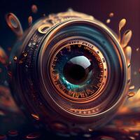 3d ilustração do uma Câmera lente com uma Visão do a olho, ai generativo imagem foto