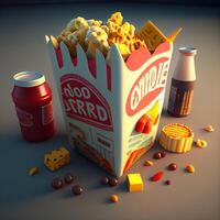 caixa do Pipoca e velozes Comida. 3d ilustração. 3d Renderização., ai generativo imagem foto